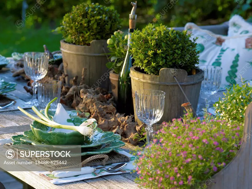 Stylishly laid rustic wooden garden table with fine bone china