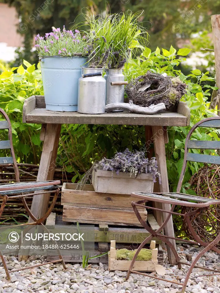 Still life, decorative garden accessories, metal jugs on an old wooden table in a romantic garden