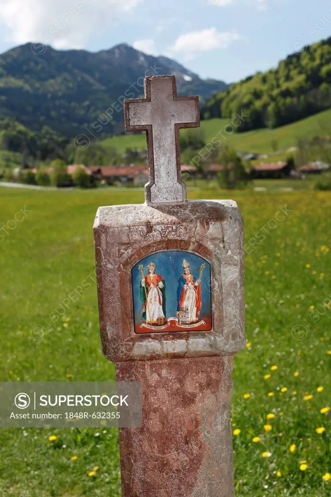 St. Rupert and St. Virgil on a wayside shrine, Ruhpolding, Chiemgau region, Upper Bavaria, Bavaria, Germany, Europe, PublicGround