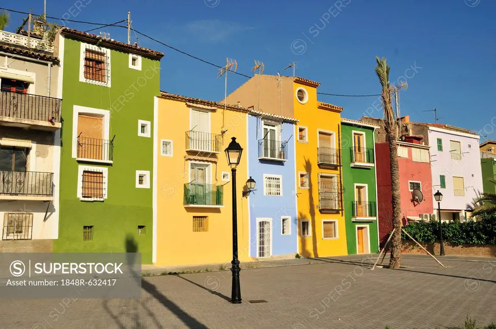 Colourful building facades, Villajoiosa, Costa Blanca, Spain, Europe