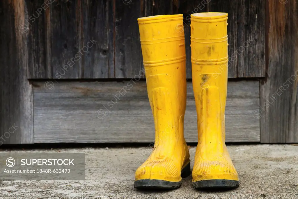 Pair of yellow rubber boots in front of door