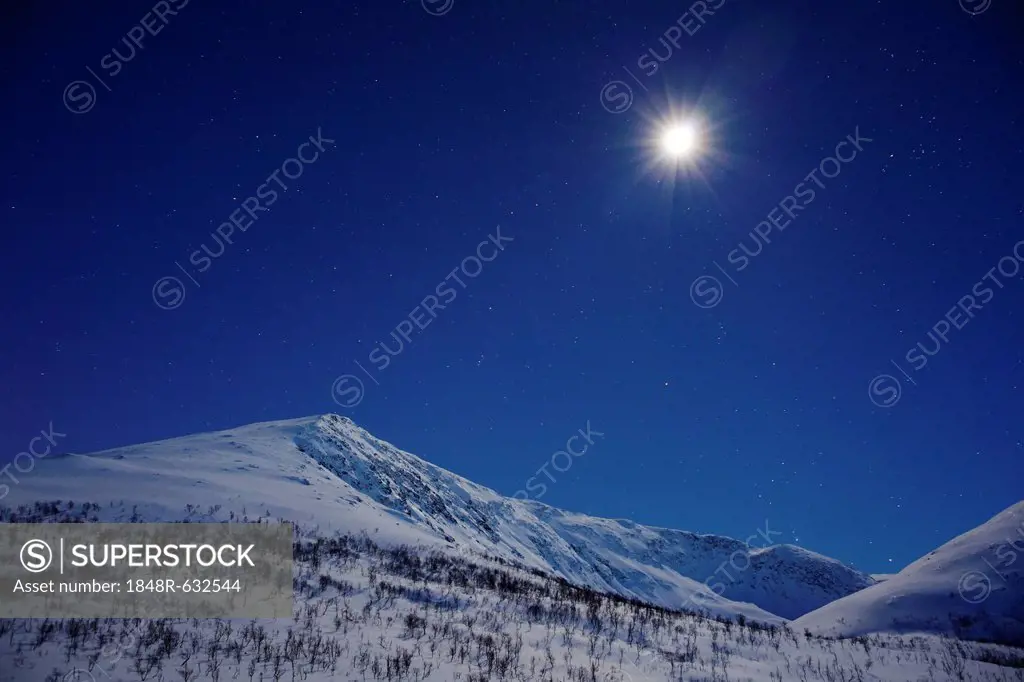 Moon, Kattfjordpass at night, Kvaloya, Tromsø or Tromso, Norway, Europe