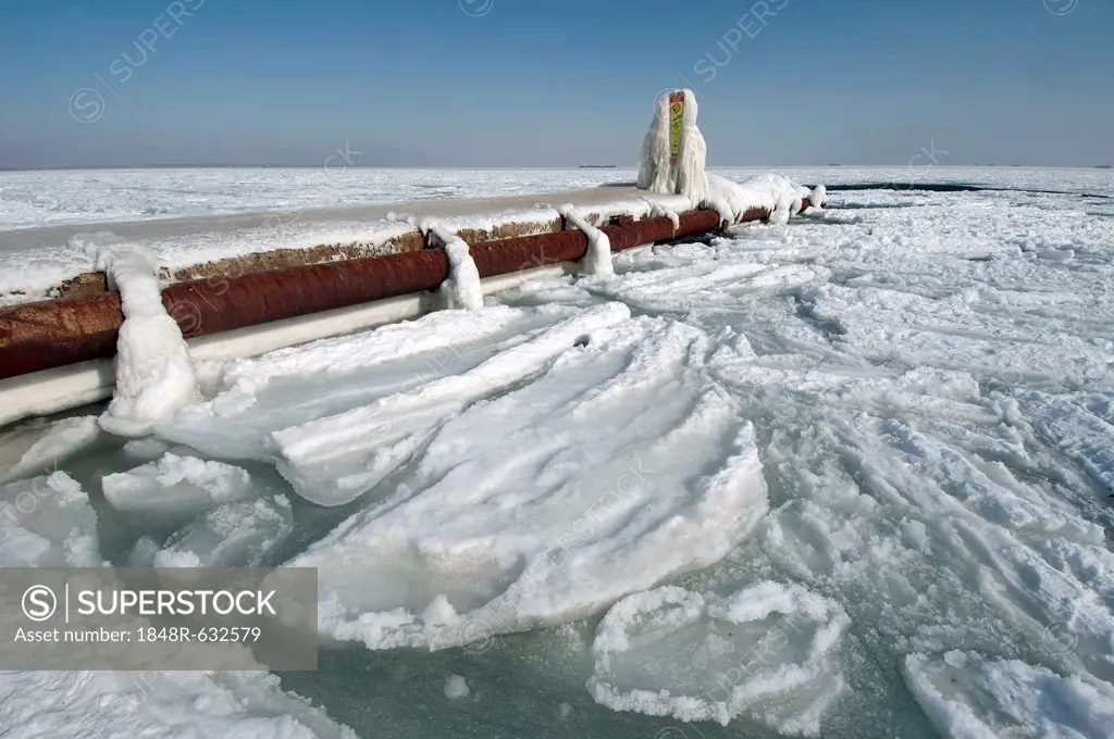 Icy pier, frozen Black Sea, a rare phenomenon, occured in 1977 for the last time, Odessa, Ukraine, Eastern Europe