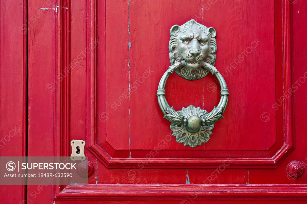 Door knocker shaped like a lion head on front door, Valletta, Malta, Europe