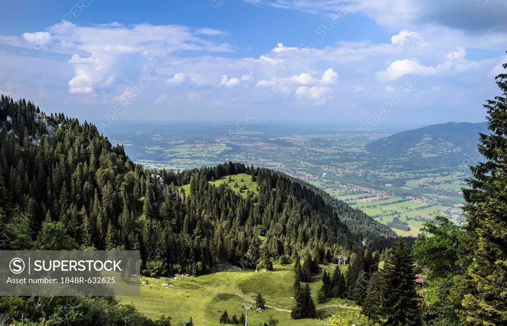 View from the Benediktenwand mountain ridge towards the Isar Valley, Bavaria, Germany, Europe