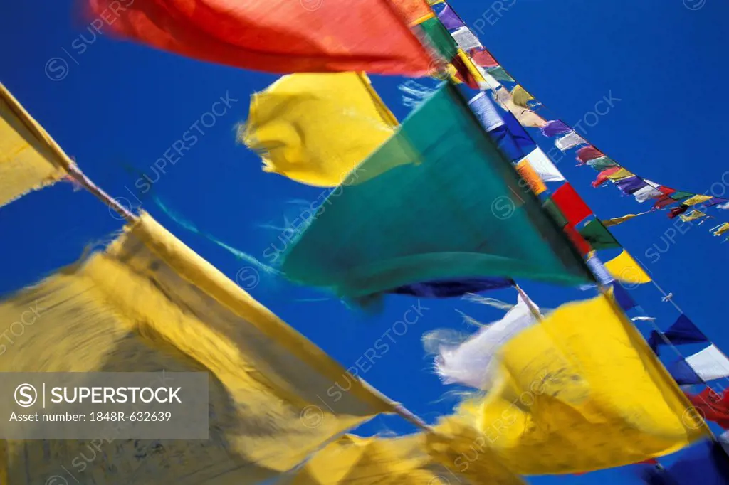 Prayer flags, Kunzum-La or Kunzum Pass, Himachal Pradesh, North India, India, Asia