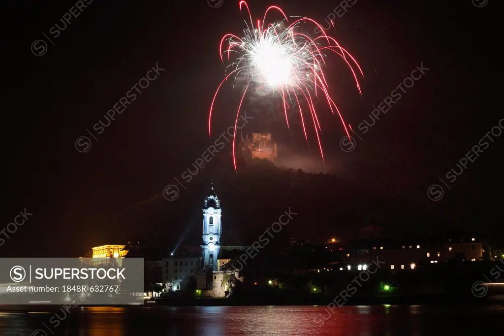 Solstice celebration with fireworks, Duernstein, Wachau, Lower Austria, Austria, Europe
