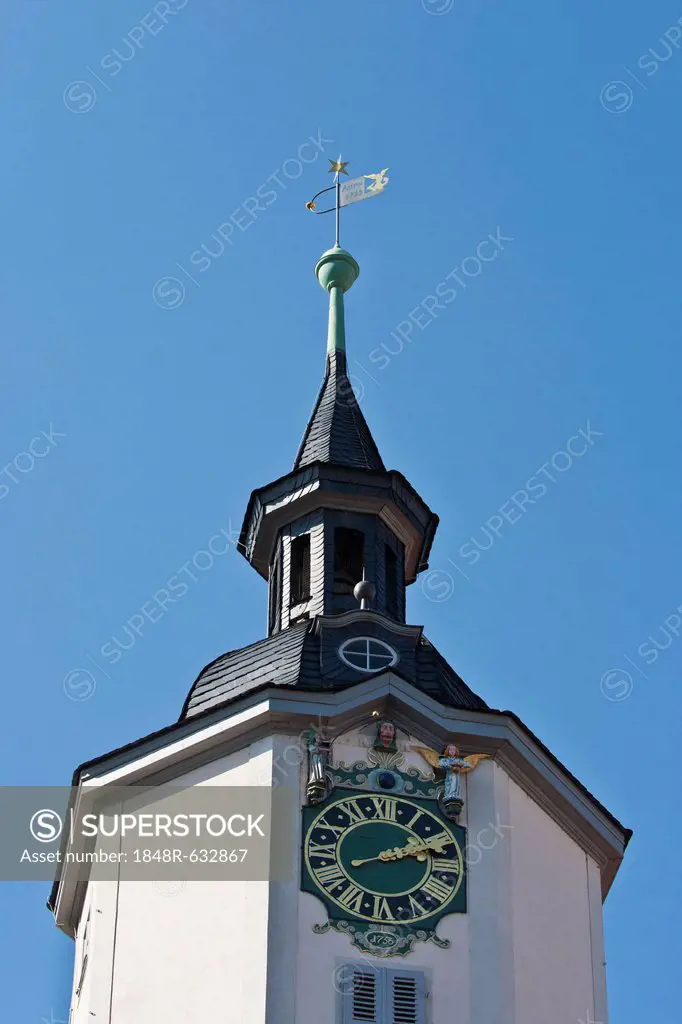 Clock with mechanical figures, tower of city hall, market square, Jena, Thuringia, Germany, Europe