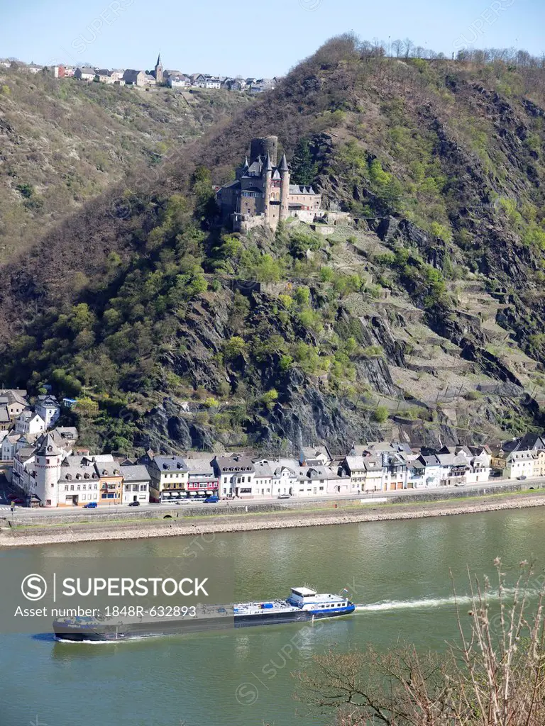 View of Katz Castle and the Rhine River as seen from St. Goar, St. Goarshausen, Rhineland-Palatinate, Upper Middle Rhine Valley, a UNESCO World Herita...