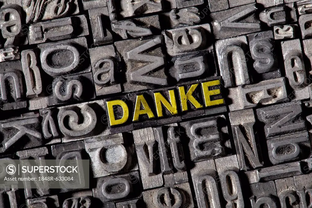 The word Danke, German for thanks, made of old lead type