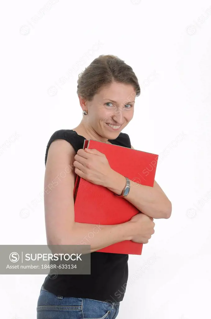 Young woman holding a red folder
