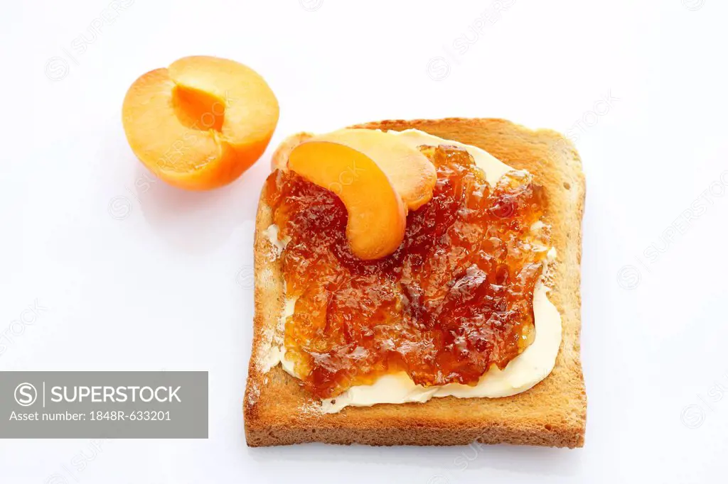 Slice of toast, toasted slice of bread, with apricot jam and apricot pieces