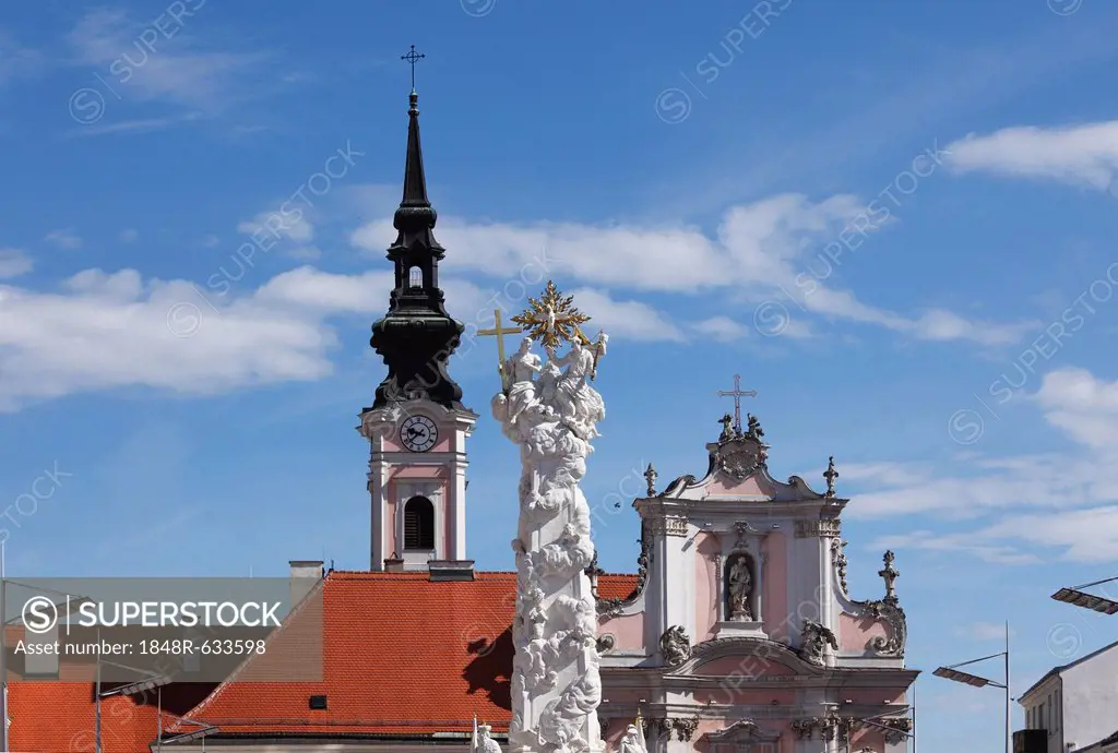 Holy Trinity column and Franciscan Church, Rathausplatz square, St. Poelten, Mostviertel, Must Quarter, Lower Austria, Austria, Europe, PublicGround
