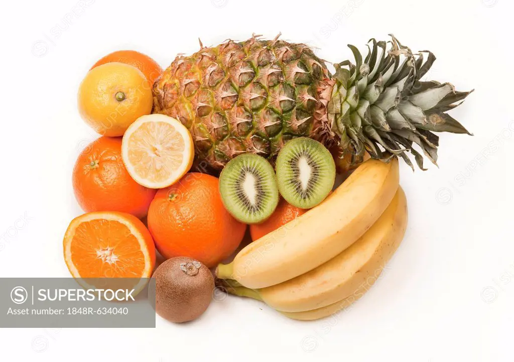 Fruit assortment, pineapple, kiwi, oranges, bananas
