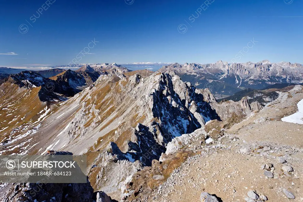 View at the Bepi Zac roped climbing trail on the Cima Campagnacia in the San Pellegrino valley above the San Pellegrino Pass, behind the Dolomites, Tr...