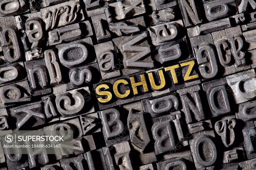 The word Schutz, German for protection, made of old lead type