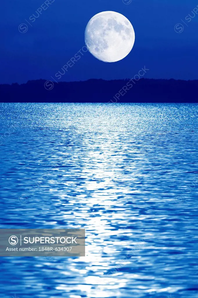 Composing, moon over Lake Chiemsee, Bavaria, Germany, Europe