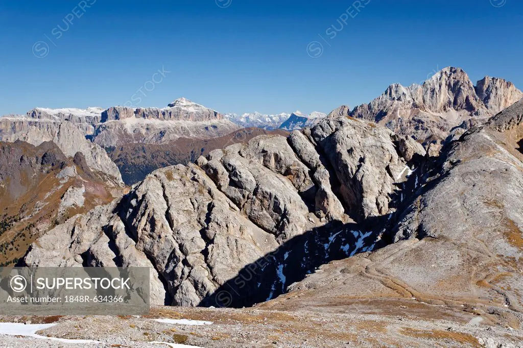 At the Bepi Zac via ferrata in the San Pallegrino valley, above San Pellegrino Pass or Passo San Pellegrino, Sella massif in the back, Dolomites, Tren...