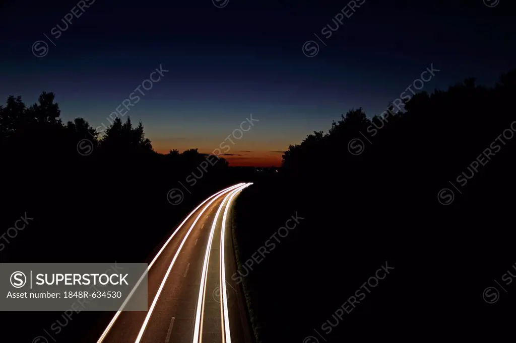 Light trails, dusk, highway, federal road B30, near Biberach, Upper Swabia, Baden-Wuerttemberg, Germany, Europe