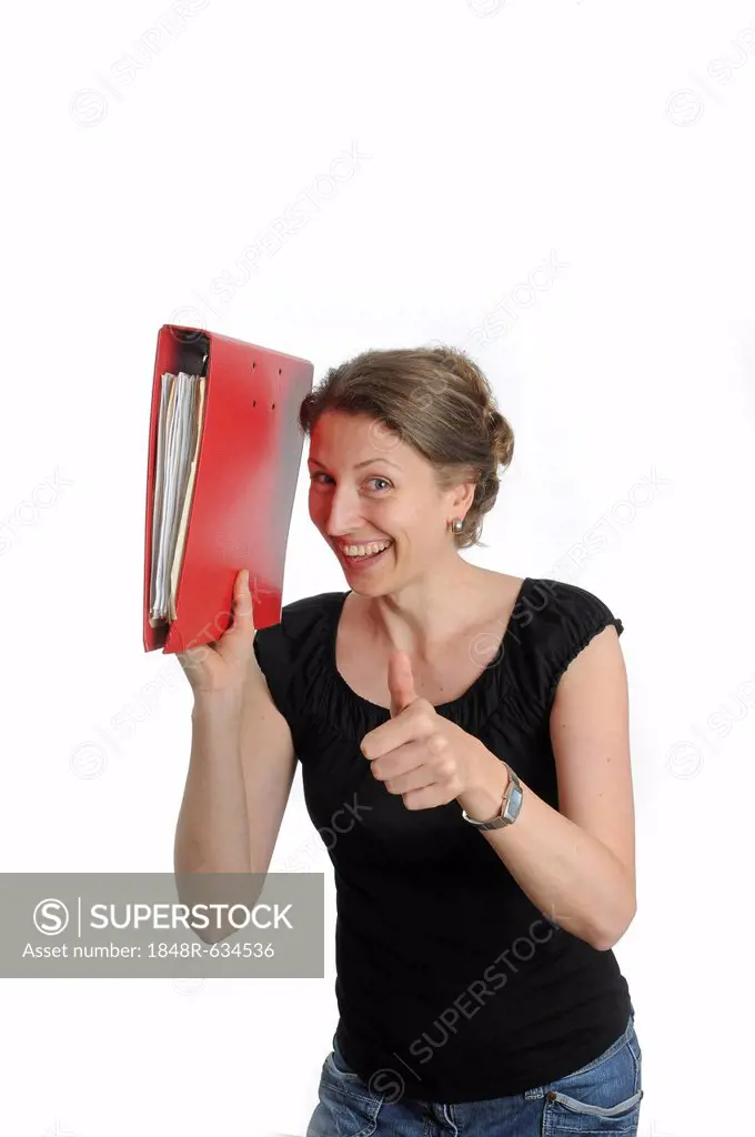 Young woman holding a red folder