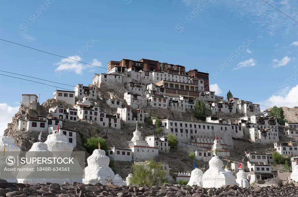 Tibetan Buddhism, monastery on a hill, many white stupas, Thikse Monastery near Leh, Ladakh region, Jammu and Kashmir, India, South Asia, Asia