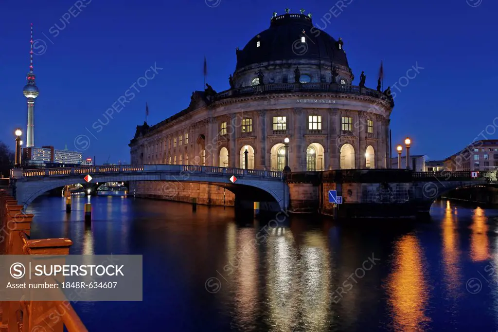 The Bode Museum at the blue hour, Museum Island, UNESCO World Heritage Site, Berlin, Germany, Europe