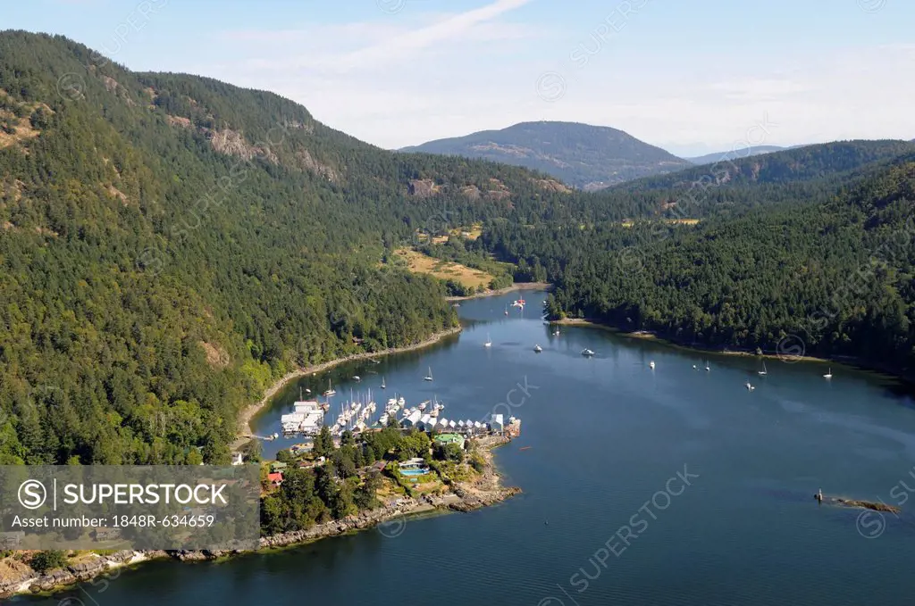 Aerial view of Genoa Bay and Genoa Bay Marina, Vancouver Island, British Columbia, Canada