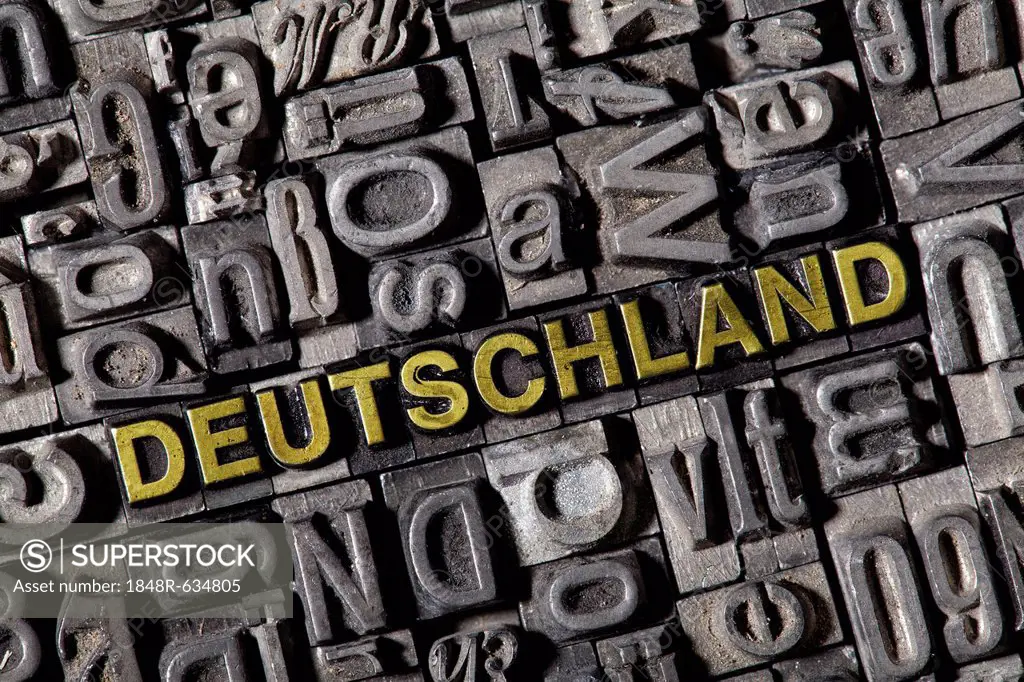 The word Deutschland, German for Germany, made of old lead type