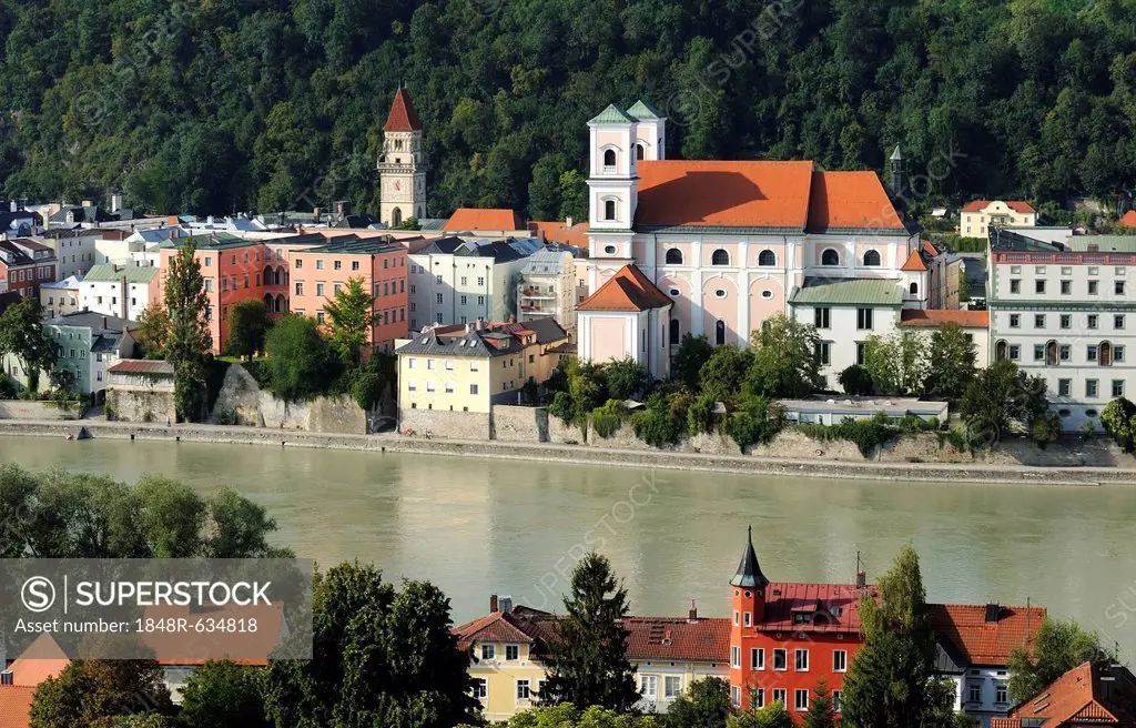 Passau, view over the Inn River with St. Michael's Church, Lower Bavaria, Bavaria, Germany, Europe, PublicGround