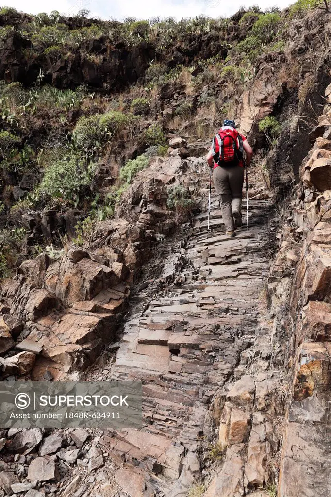 Woman carrying a backpack on a hiking trail, natural staircase from basalt rock, Barranco de Guarimiar near Alajeró, La Gomera, Canary Islands, Spain,...