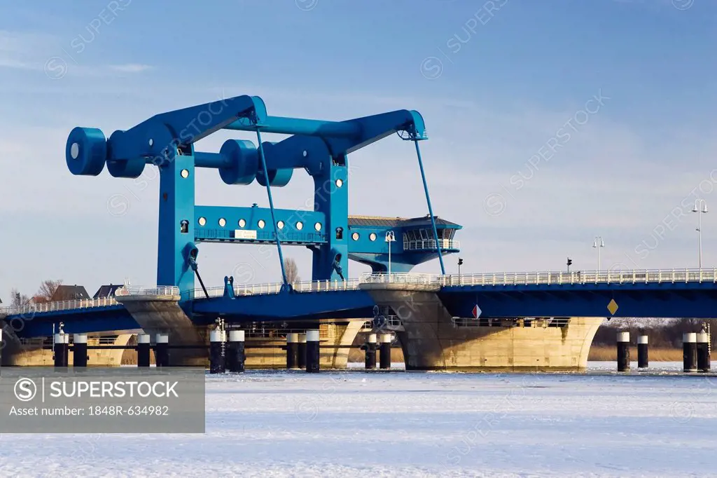 Peenebruecke lift bridge in winter, Wolgast, Usedom island, Meckelnburg Western Pomerania, Germany, Europe