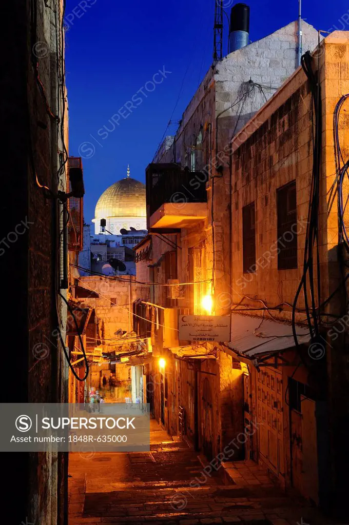 Evening mood with a deserted alleyway in the Arab Quarter, with the Dome of the Rock, Old City of Jerusalem, Israel, Middle East, Asia