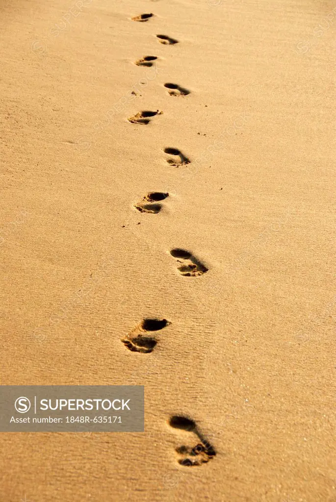 Human footprints, barefoot, footprints in yellow sand, sandy beach, Ceylon, Sri Lanka, South Asia, Asia