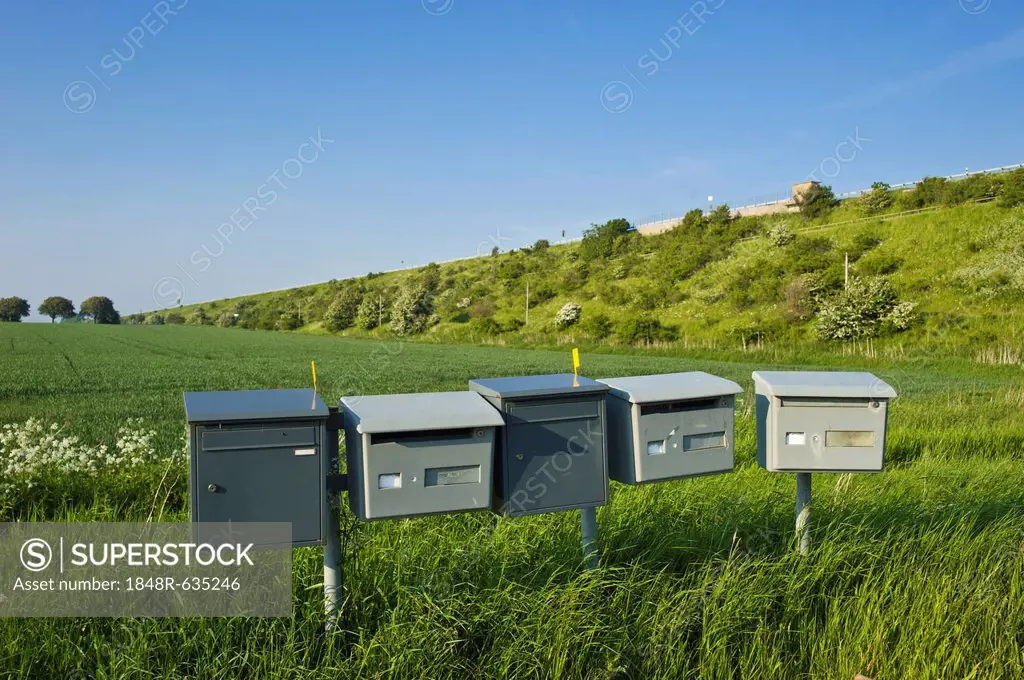 Letter boxes in the middle of a field, Strukkamphuk, Fehmarn island, Baltic Sea, Schleswig-Holstein, Germany, Europe