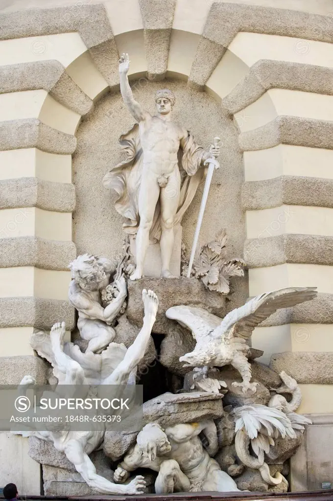 The power on land, 1897, fountain with statues on St. Michael's Wing, Michaelerplatz, Hofburg Imperial Palace, Vienna, Austria, Europe
