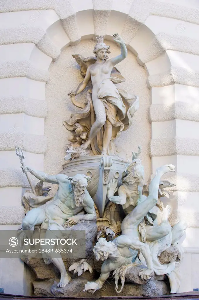 The power on land, 1897, fountain with statues on St. Michael's Wing, Michaelerplatz, Hofburg Imperial Palace, Vienna, Austria, Europe