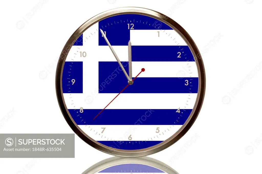 Clock with the Greek national flag, 5 minutes to twelve, eleventh hour, symbolic image for the euro crisis