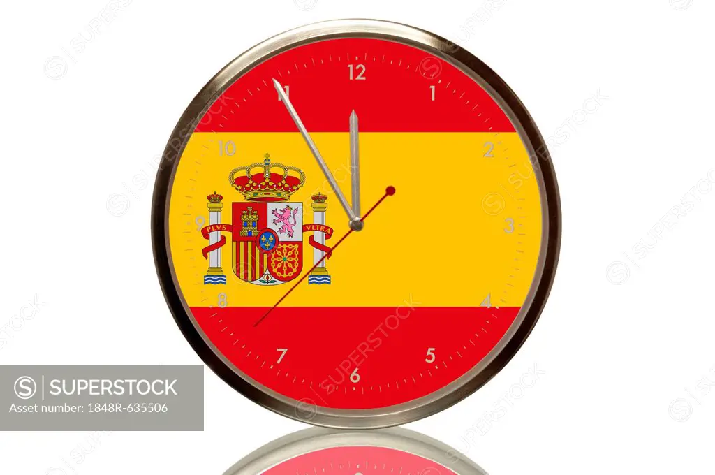 Clock with the Spanish national flag, 5 minutes to twelve, eleventh hour, symbolic image for the euro crisis