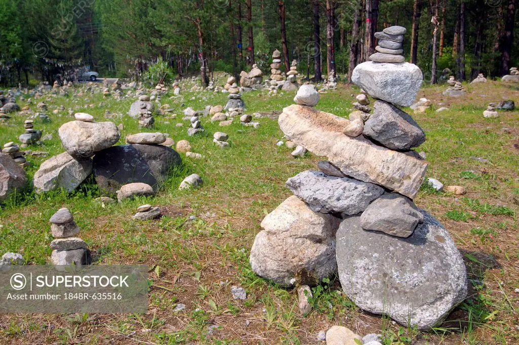 Stones for fulfillment of wishes, stone garden, Arshan, Tunkinsky District, Republic of Buryatia, Siberia, Russian Federation, Eurasia