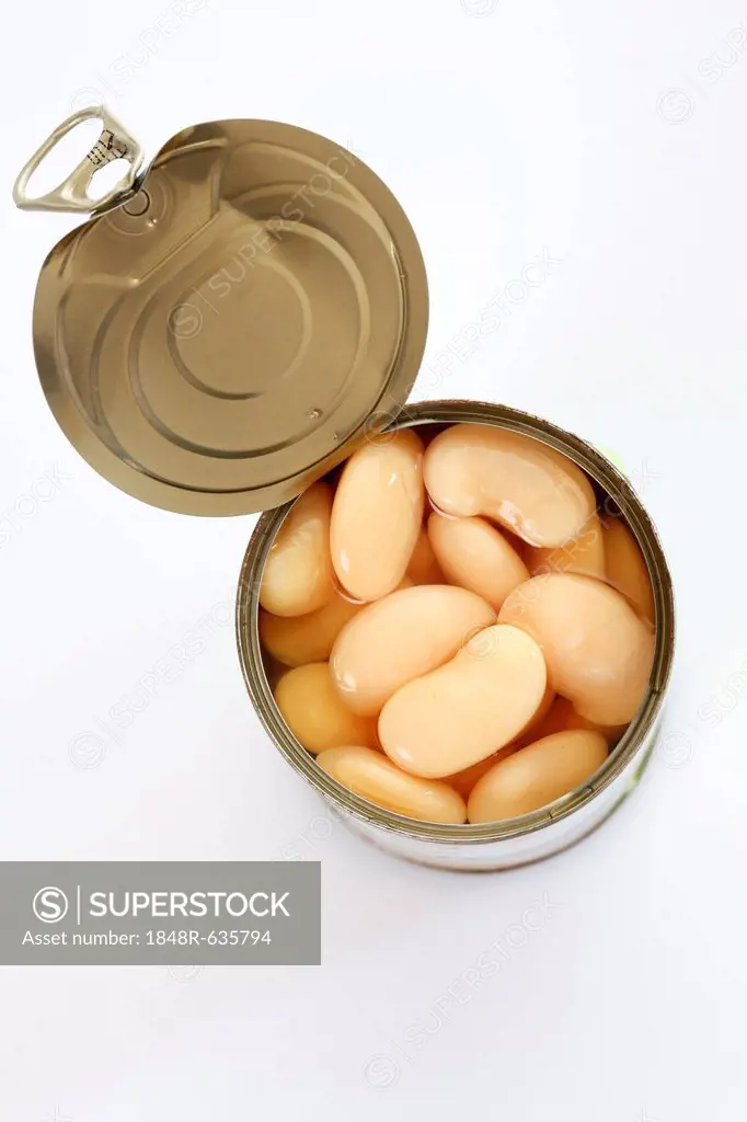 Tin can, opened can of white beans