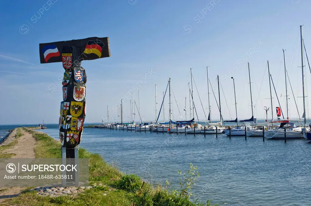 Countries' coat of arms in the harbour of Orth, Island of Fehmarn, Baltic Sea, Schleswig-Holstein, Germany, Europe