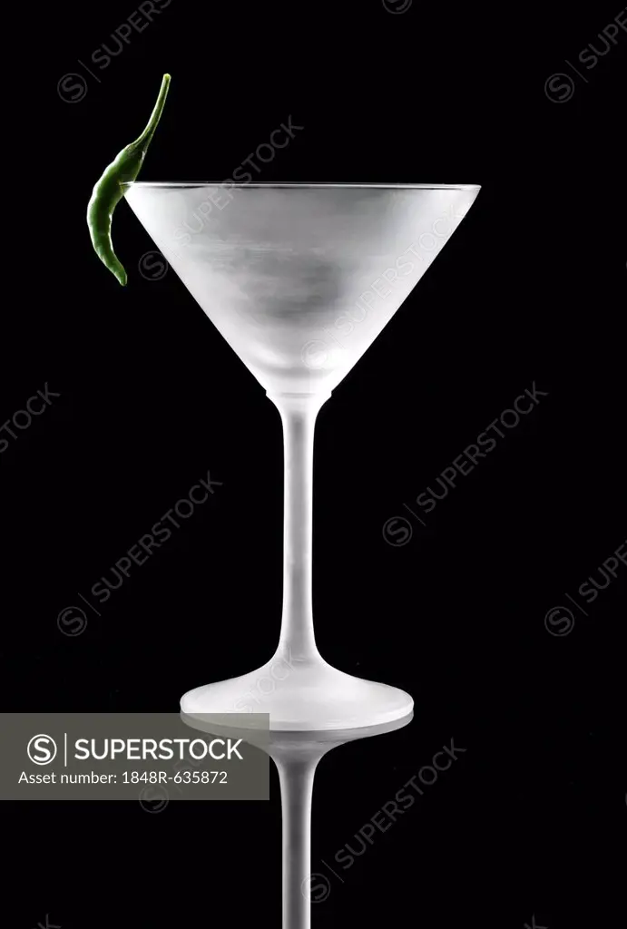Frosted cocktail glass decorated with a chili pepper