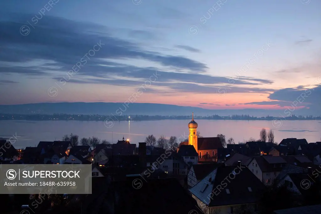 View over Allenbach and the island of Reichenau in the evening light, frozen Lake Constance, Baden-Wuerttemberg, Germany, Europe