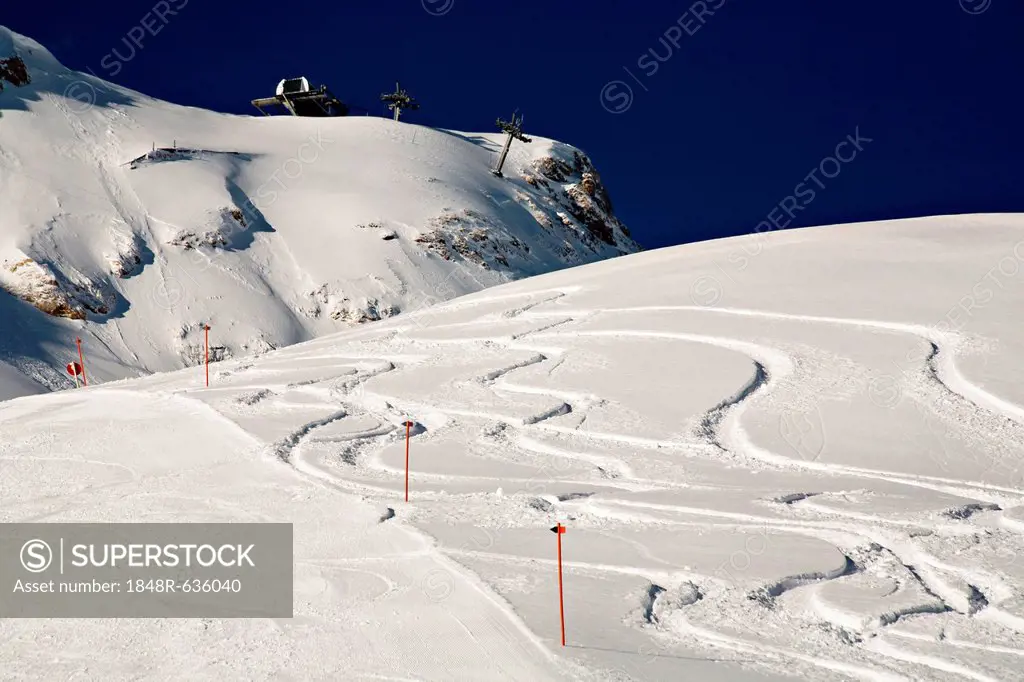 Ski tracks in the snow, winter, Zugspitze area, Alps, Bavaria, Germany, Europe