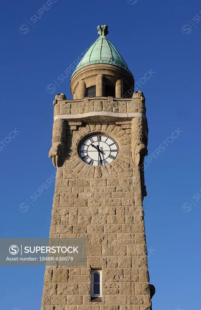 Clock tower at the Landungsbruecken, St. Pauli landing bridges, Port of Hamburg, Hamburg, Germany, Europe