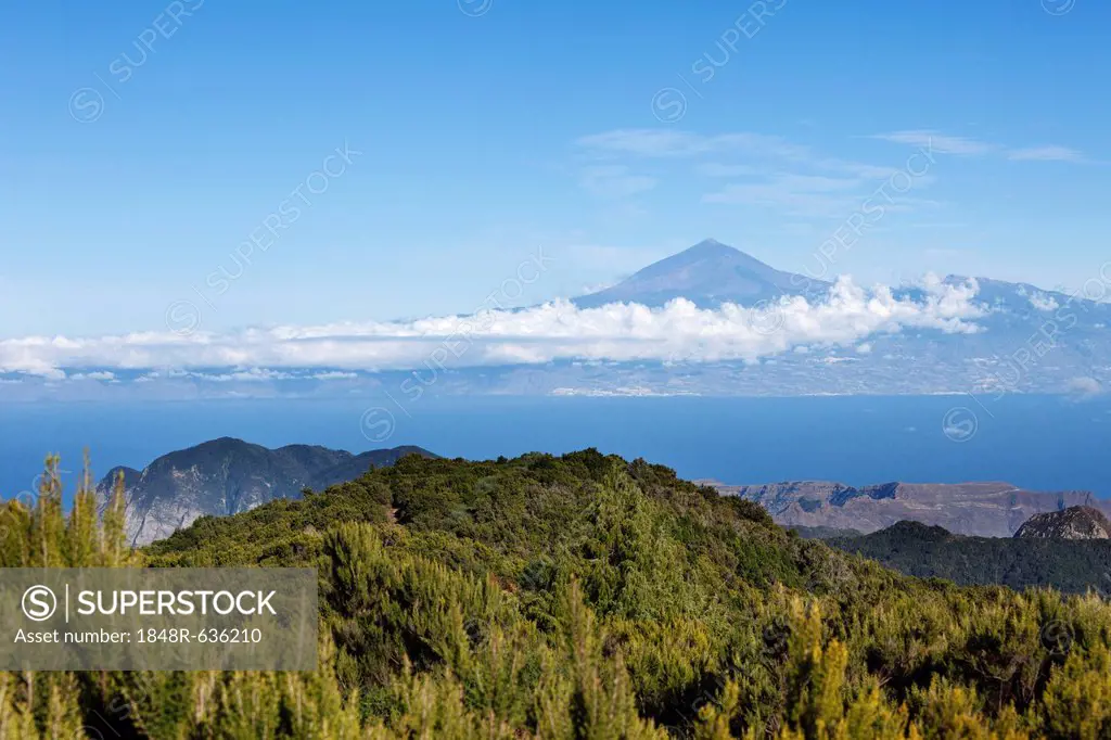 Garajonay National Park, view from Garajonay mountain, highest peak of La Gomera island, Tenerife island with Mount Teide at the back, La Gomera islan...