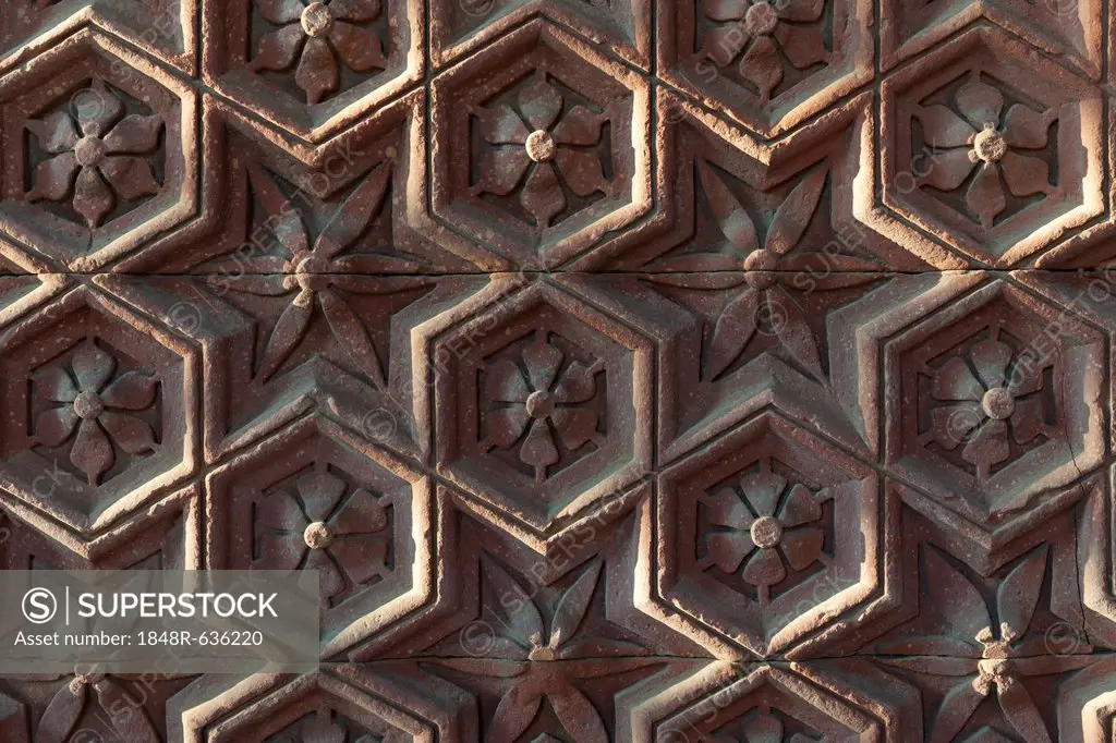 Stone carvings, Qutb Minar minaret, UNESCO World Cultural Heritage, New Delhi, India, Asia