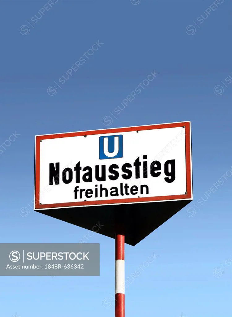 Sign, Notausstieg freihalten, German for emergency exit, keep clear, for an emergency exit of an underground subway tunnel, Germany, Europe