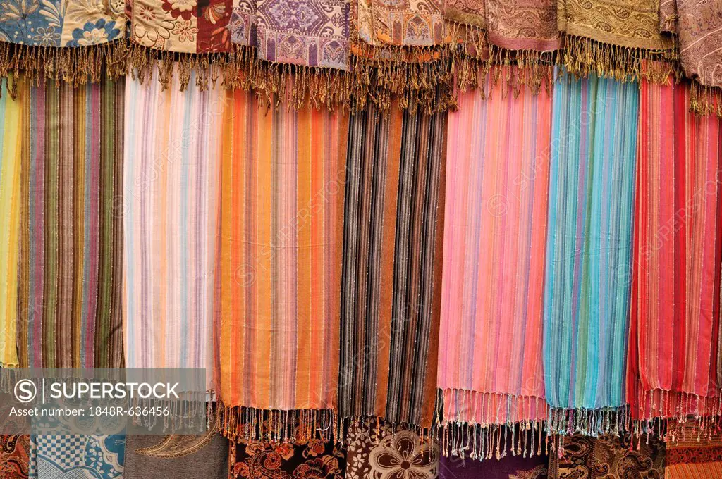 Colorful silk scarves in the Medina, Unesco World Heritage Site, Marrakesh, Morocco, North Africa