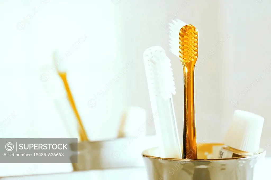 Toothbrushes and toothpaste in a glass in front of a mirror